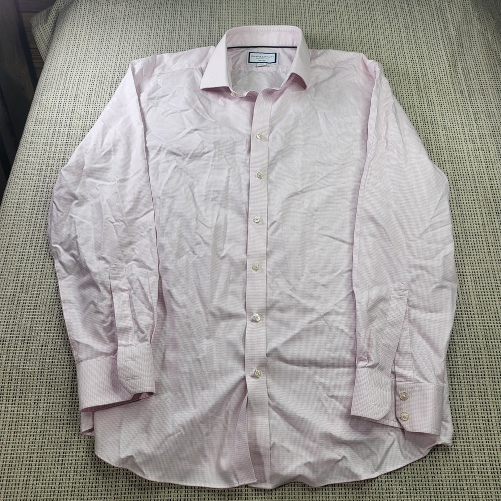 Charles Tyrwhitt Shirt Men 18/37 Pink Slim Fit Non-Iron Micro-Grid Dress Shirt